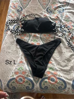 Black Women’s Bandeau Bikini Set with Braided Rope Straps - Size L
